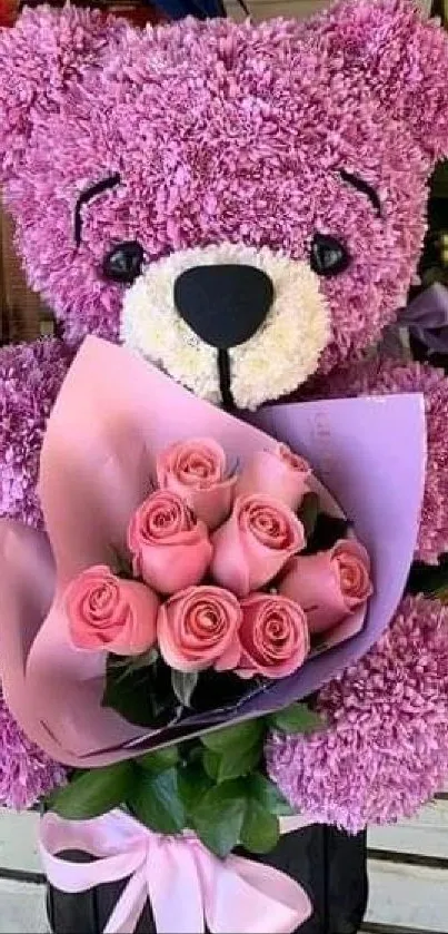 Purple teddy bear holding pink roses, set against a floral background.