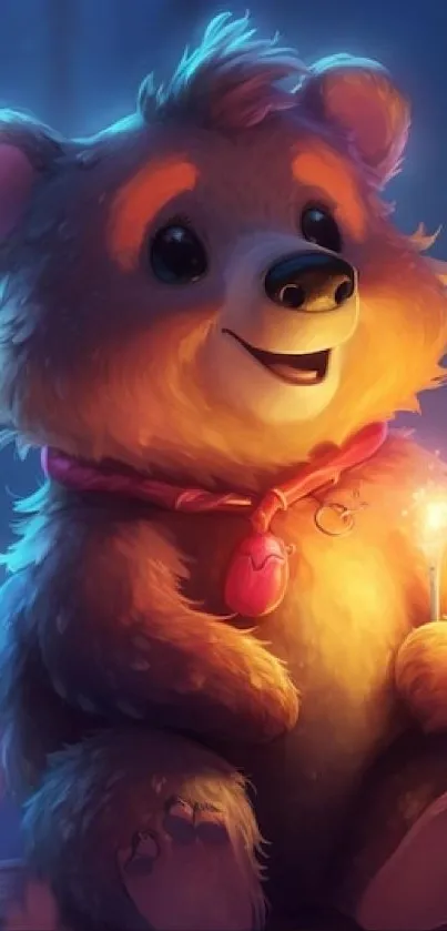 Cute bear cub holding sparklers in a glowing, magical setting.