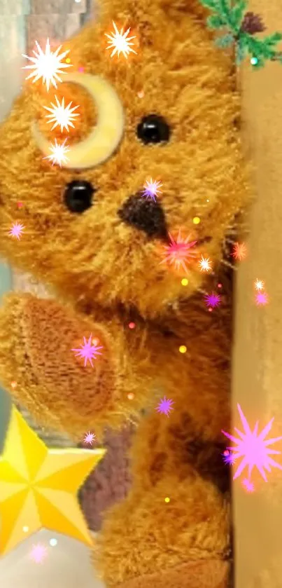 Teddy bear with yellow star and colorful sparkles on wallpaper.