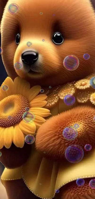 Cute bear holding a sunflower with colorful bubbles.