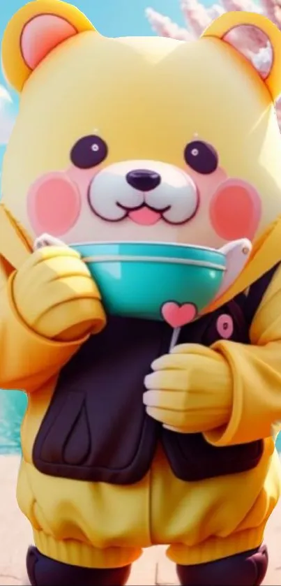 Cute cartoon bear holding a heart bowl with cherry blossoms background.
