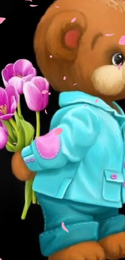 Cute bear in blue jacket with pink tulips on a black background.