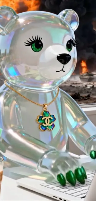 Cute transparent bear on laptop with vibrant explosive backdrop