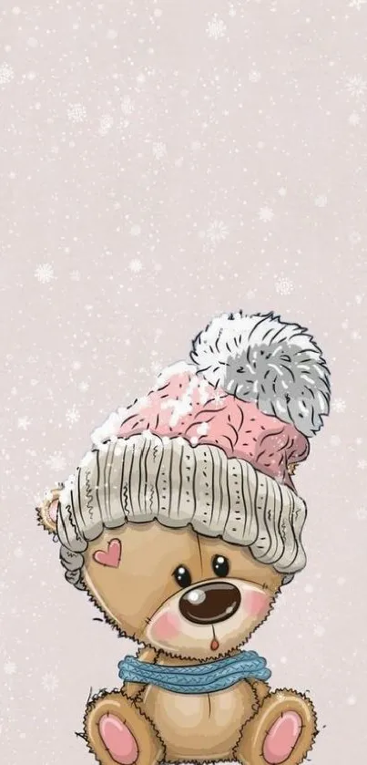 Cute bear with winter hat on soft pink background wallpaper.