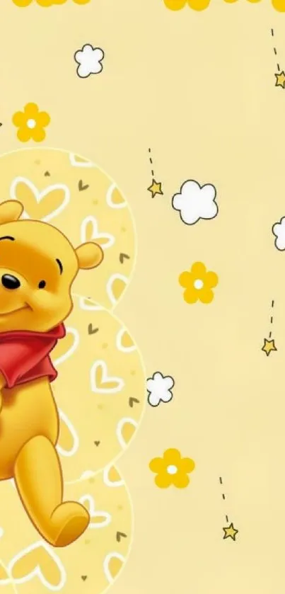 Cute yellow wallpaper with a playful bear and flowers.