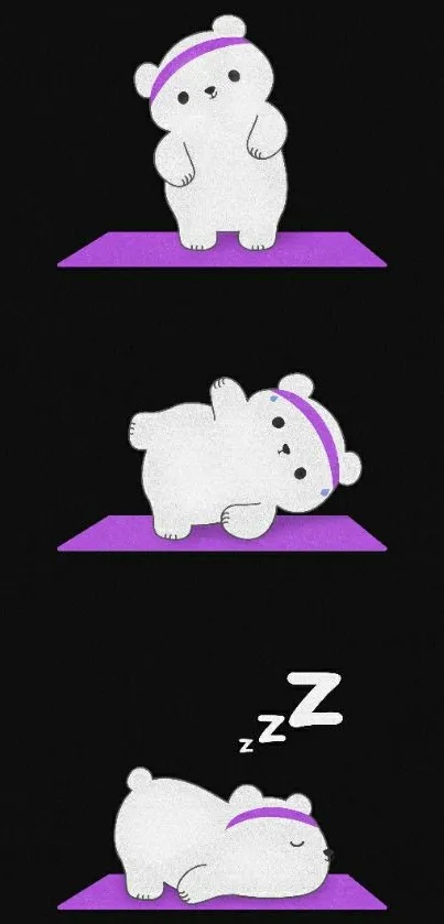 Adorable white bear doing yoga poses on a purple mat against a black background.