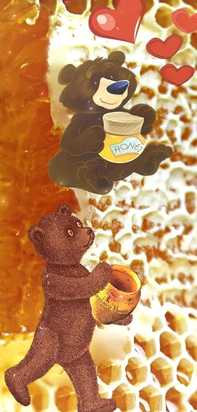 Cute bears with honey and hearts on honeycomb background.