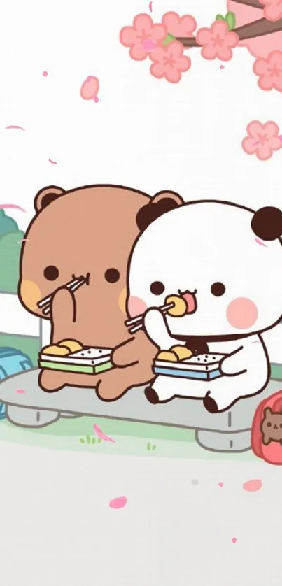 Cute cartoon bears having lunch under cherry blossoms.