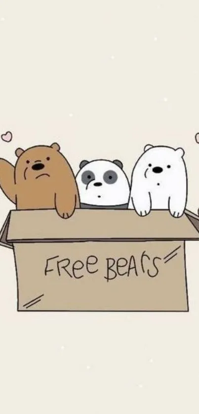 Cute cartoon bears peeking from a box with hearts, on a beige background.