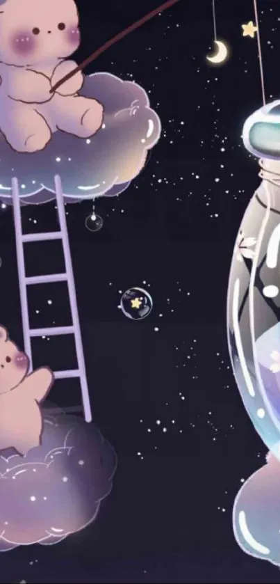 Cute bears on clouds with stars in night sky.