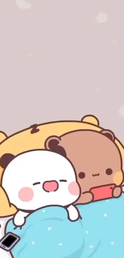 Cute cartoon bears snuggling with a phone on a cozy mobile wallpaper.