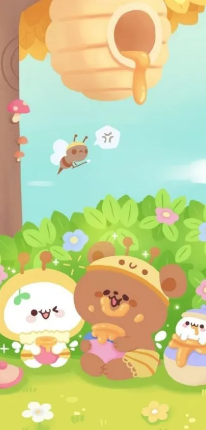 Cute bears and beehive under a tree.