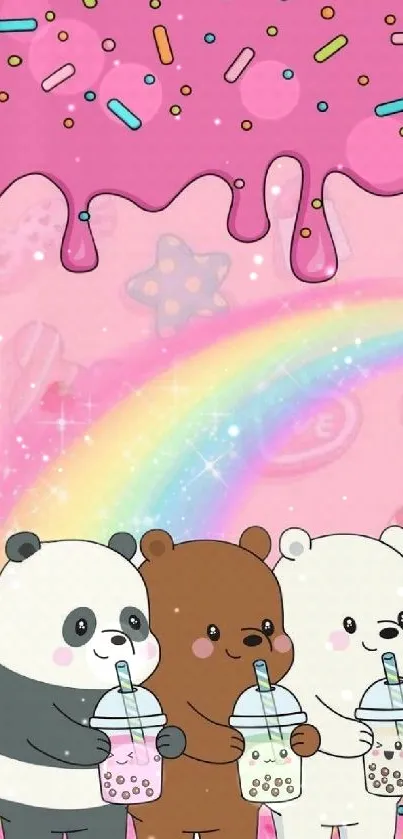 Three cute cartoon bears with bubble tea and a rainbow backdrop.