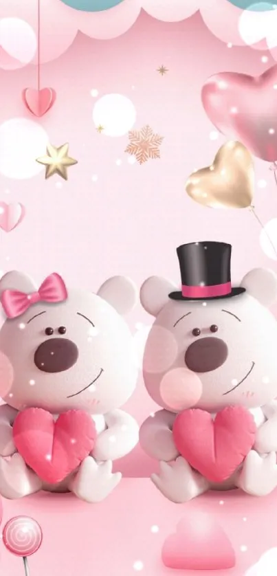 Cute bears with hearts and balloons, pink theme mobile wallpaper.