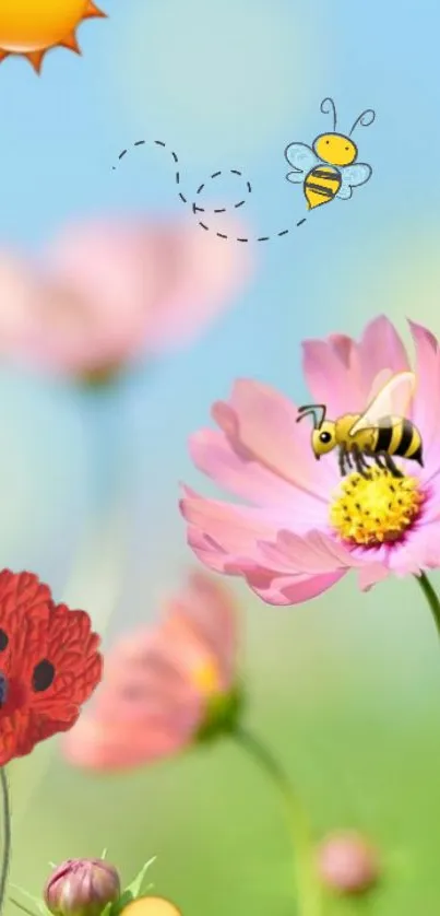 Cartoon bee on pink flower in nature wallpaper.