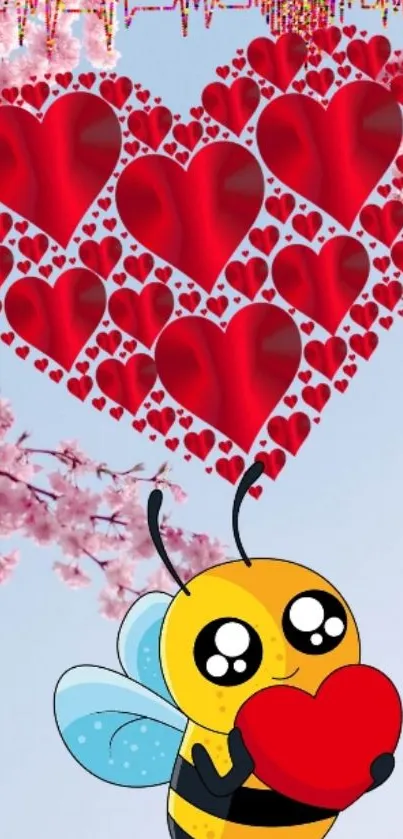 Cute bee holding a heart with cherry blossoms and heart design on mobile wallpaper.