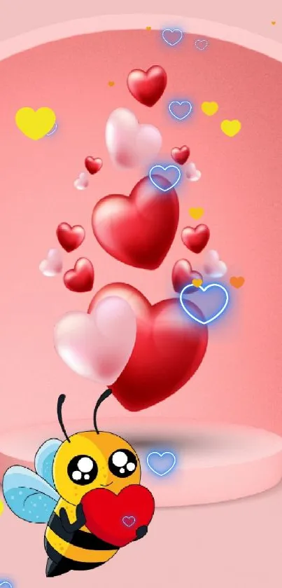 Cute bee with hearts on pink background wallpaper.