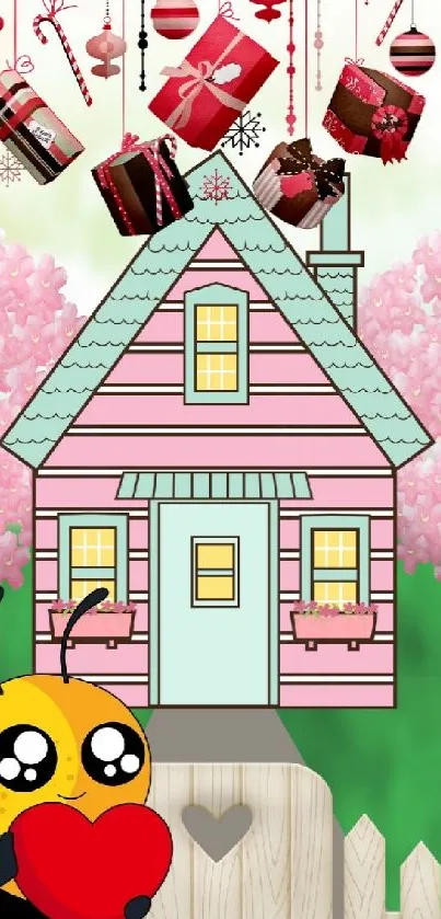 Cartoon bee with heart near pink house and cherry blossoms.