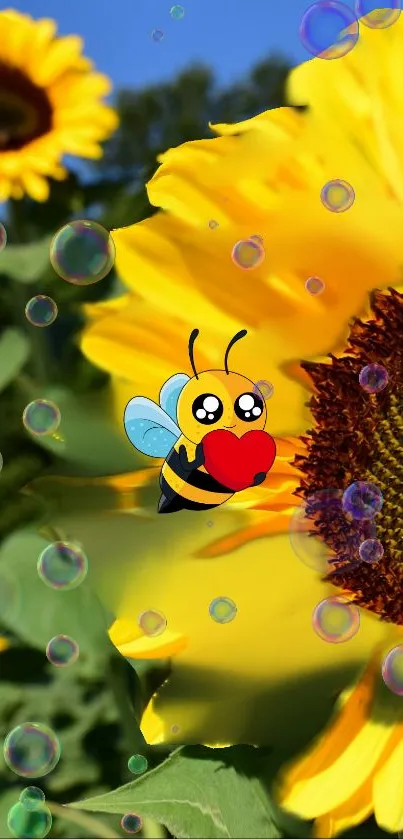 Cartoon bee on sunflower with bubbles, vibrant mobile wallpaper.