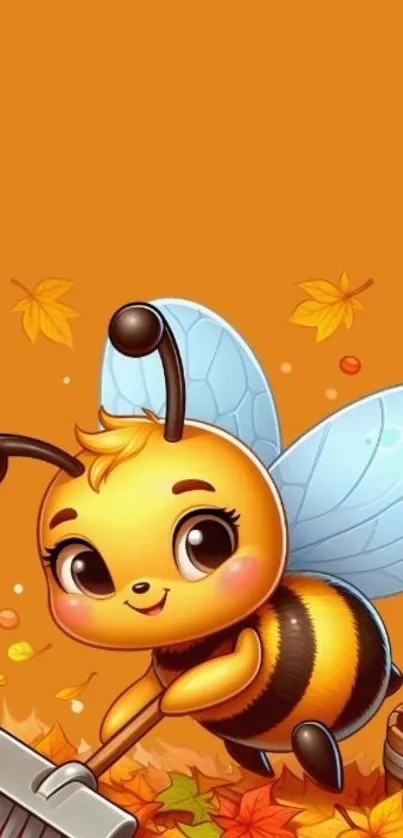 Cute bee sweeping autumn leaves wallpaper