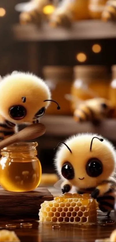 Adorable cartoon bees with honey and honeycomb.