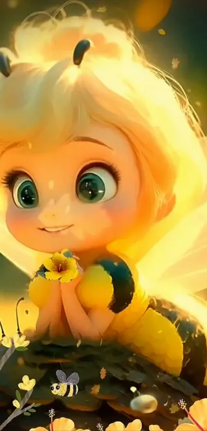 Charming cartoon of a child dressed as a bee with golden hues.