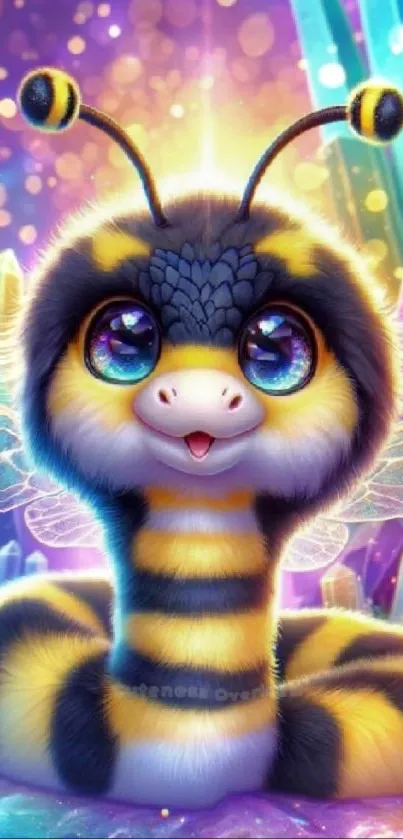 Cute bee with crystals in vibrant fantasy setting.