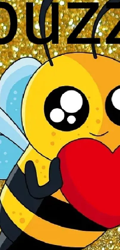 Cute bee holding heart with gold glitter background.