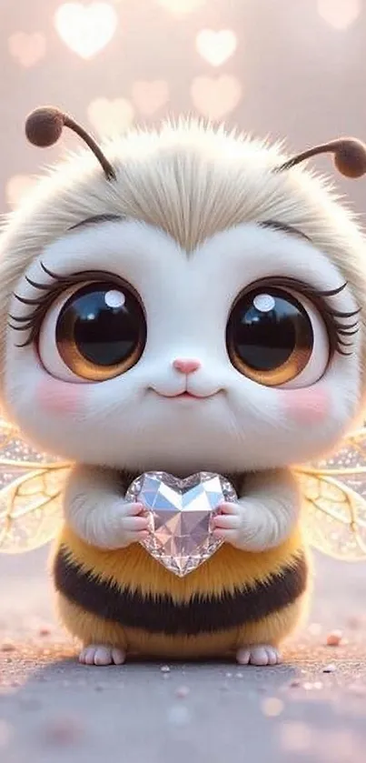 Cute cartoon bee holding a sparkling heart.