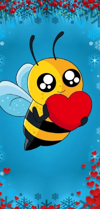 Cute bee holding heart with snowflakes and red hearts on blue background.