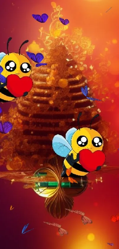 Two cute bees with hearts on a vibrant orange background.