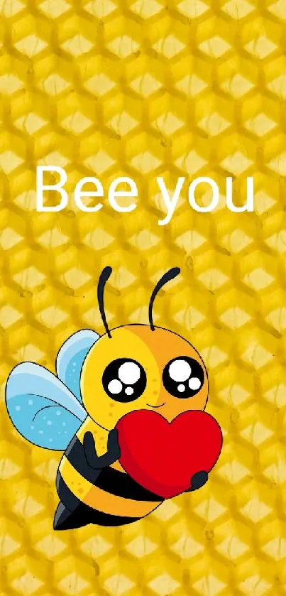 Adorable bee holding a heart with 'Bee you' text on honeycomb pattern background.