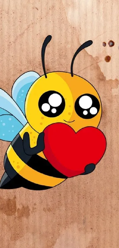 Adorable bee cartoon holding a heart on brown background.