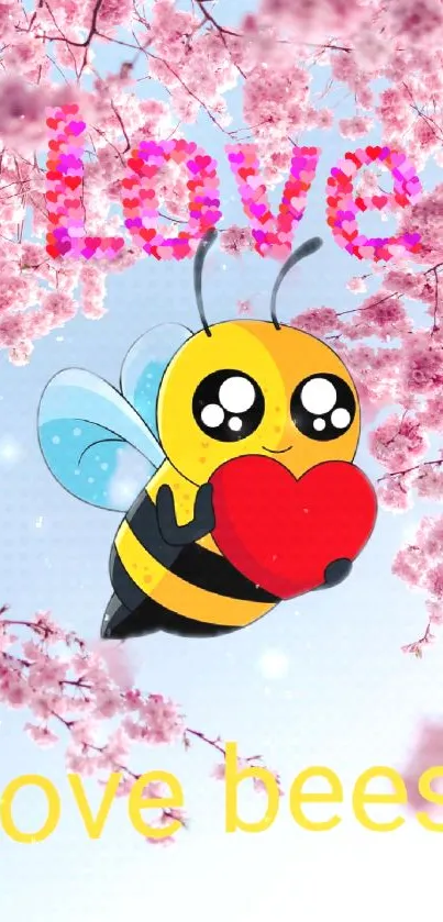 Adorable bee with heart amid pink cherry blossoms for wallpaper.