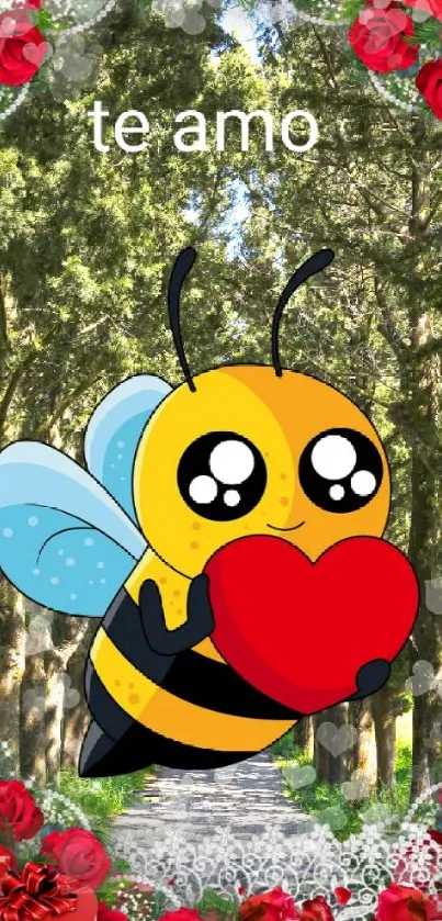 Cute cartoon bee holding a heart amidst a lush forest with roses.