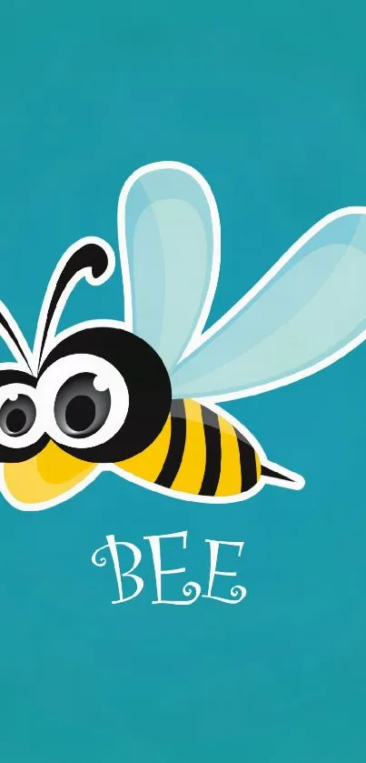 Cartoon bee illustration on teal background with BEE text.