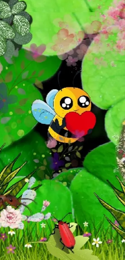 Cartoon bee with heart amidst green leaves and flowers.