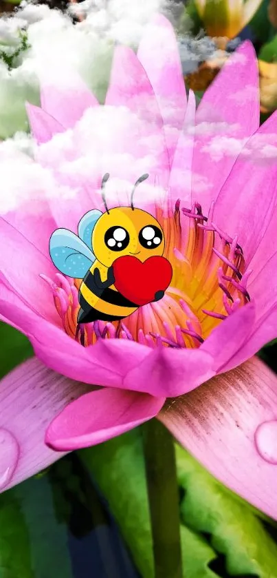 Cute bee with heart on a vibrant pink flower, surrounded by lush greenery.