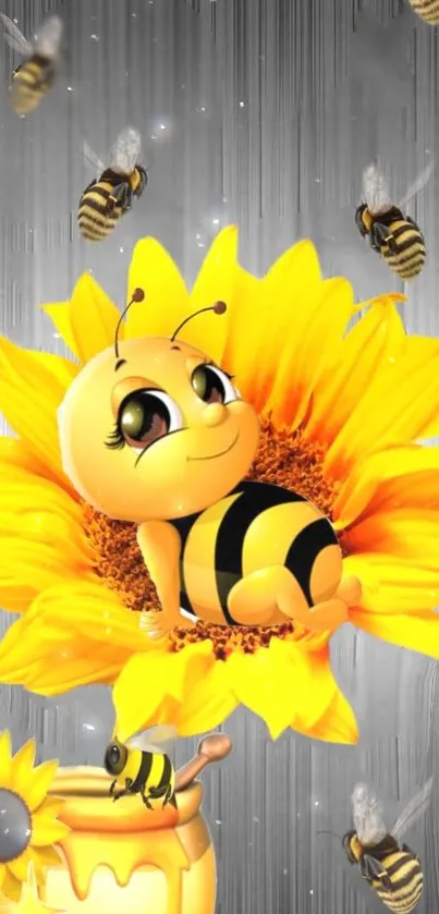 A cute bee relaxing on a yellow sunflower with more bees flying around.