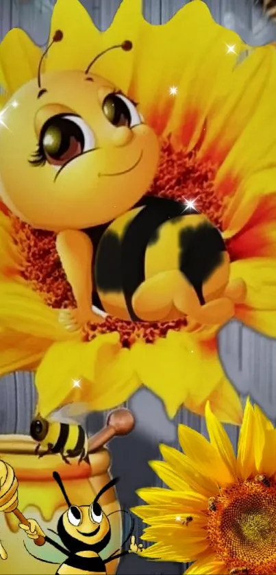 Cute cartoon bee on a vibrant sunflower with honey and sparkles.