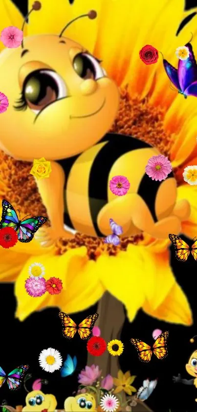 Cute cartoon bee on a yellow sunflower with butterflies.