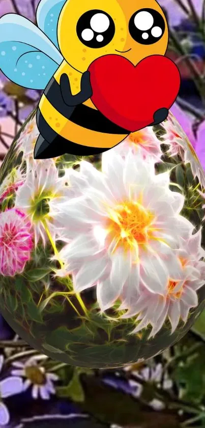 Cute cartoon bee holding heart with vibrant floral background.