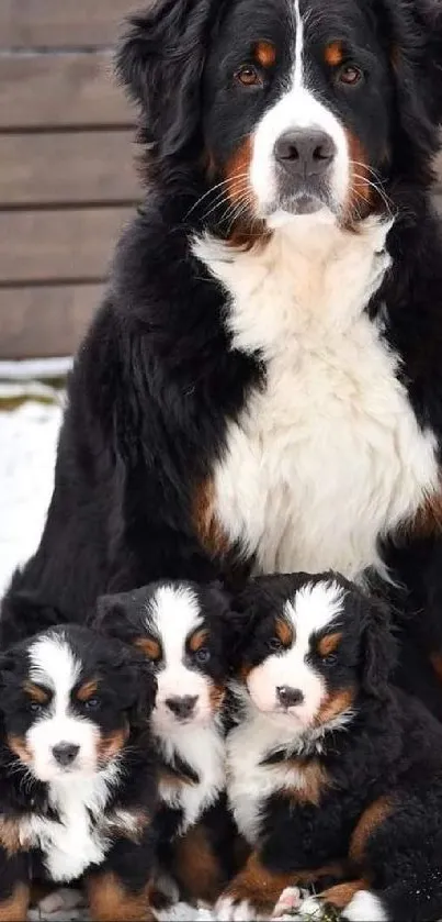 Bernese Mountain Dogs family in snowy winter setting.