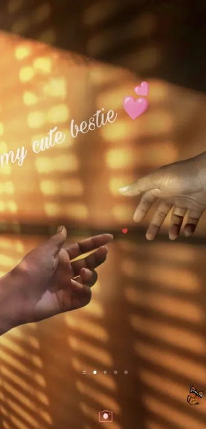 Hands touching through warm light background with 'my cute bestie' text.