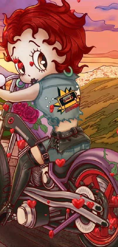 Anime girl on motorcycle at sunset