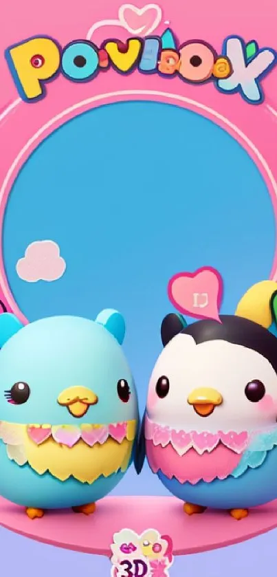 Cute 3D birds on a pink and blue background with colorful accents.