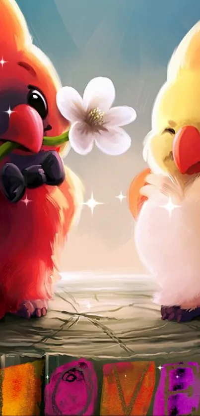 Cute birds with flower and LOVE text on mobile wallpaper.