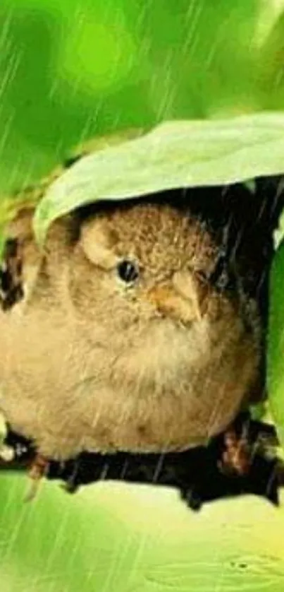 A cute bird sheltered under green leaves in the rain.