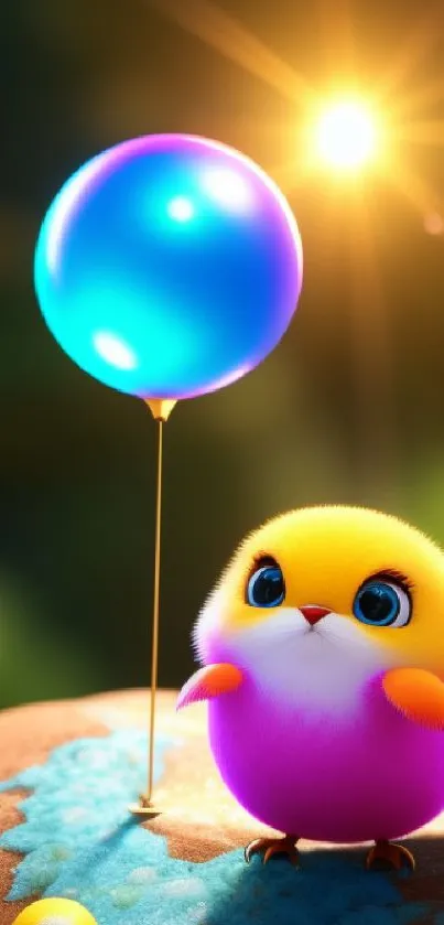 Cute bird with colorful balloon in vibrant art illustration.