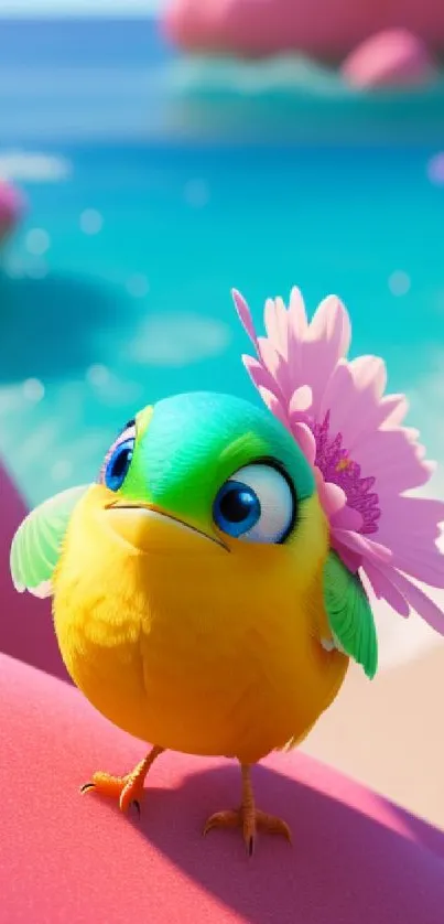 Cartoon bird with a pink flower on a sunny beach background.